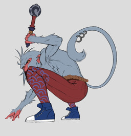 anthro athletic athletic_male black_sclera bottomwear clothing footwear furgonomic_piercing furgonomics grey_body looking_at_viewer male muscular muscular_male pants piercing red_body red_skin shoes solo tail tail_piercing weapon yellow_eyes loosha_mon epic_games fortnite kozaru_(fortnite) haplorhine japanese_macaque macaque mammal monkey old_world_monkey primate hi_res