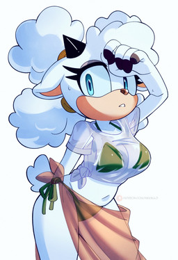 anthro bikini black_horn blue_eyes bodily_fluids brown_nose clothing female floppy_ears green_bikini green_clothing green_swimwear hair horn navel patreon_username puffy_hair shawl shirt solo sweat sweatdrop swimwear tan_muzzle text tied_hair topwear translucent translucent_clothing translucent_shirt translucent_topwear two-piece_swimsuit white_body white_clothing white_shirt white_topwear nikkikaji idw_publishing sega sonic_the_hedgehog_(comics) sonic_the_hedgehog_(idw) sonic_the_hedgehog_(series) lanolin_the_sheep_(sonic) bovid caprine mammal sheep hi_res url
