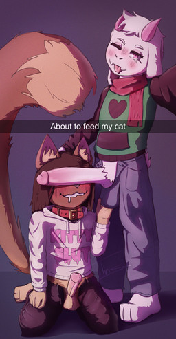 anthro ball_fondling balls big_tail blush blush_lines bodily_fluids bottomwear brown_body brown_fur brown_hair caption clothed clothing collar drooling duo floppy_ears fluffy fluffy_balls fluffy_tail fondling fur genitals hair holding_balls hoodie horn humanoid_genitalia humanoid_penis kneeling long_hair male male/male no_underwear open_bottomwear open_clothing open_pants pants penis penis_covering_eyes penis_on_face pink_eyes saliva scarf standing tail taking_picture taking_selfie text text_on_clothing text_on_hoodie text_on_topwear tongue tongue_out topwear white_body white_fur insate deltarune undertale_(series) lucky_(justlucky) ralsei bovid caprine darkner domestic_cat felid feline felis goat mammal absurd_res english_text hi_res