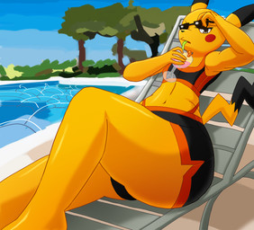 big_butt bottomwear brown_eyes bulge butt clothing container cup drinking drinking_glass eyewear glass glass_container glass_cup lying male on_back poolside shirt shorts solo sunglasses swimming_pool tail tank_top tight_clothing topwear yellow_body aeltrix nintendo pokemon big_booty_pikachu generation_1_pokemon pikachu pokemon_(species) hi_res
