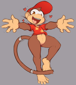 bandage barely_visible_genitalia barely_visible_vulva bottomless braces brown_body brown_fur clothed clothing conjoined_eyes female fur genitals hat headgear headwear male solo vulva wide_hips 0r0ch1 donkey_kong_(series) nintendo diddy_kong haplorhine mammal monkey primate