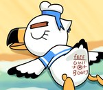 animal_genitalia anthro avian_butt beach beak black_markings body_writing cloaca clothing eyebrows eyelashes eyes_closed feathers genitals male markings sailor_uniform sleeping solo tail tail_feathers uniform white_body white_feathers aussiecuno animal_crossing nintendo gulliver_(animal_crossing) avian bird gull lari larid hi_res