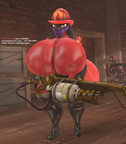 anthro armor australium big_breasts big_butt box breasts brick brick_wall butt clothing container crate dialogue female firefighter_helmet flamethrower fur gloves handwear headgear helmet huge_breasts huge_butt hyper hyper_breasts hyper_butt latex latex_clothing lips looking_at_viewer purple_body purple_fur ranged_weapon red_eyes solo text thick_lips thick_thighs wall_(structure) weapon wide_hips bimbomorph_(artist) nintendo pokemon alex_asora sentry_gun_(team_fortress_2) canid canine generation_4_pokemon lucario mammal pokemon_(species) hi_res