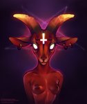 anthro breasts cross ear_piercing female fur glowing glowing_eyes horn inverted_cross looking_at_viewer nipples occult_symbol pentacle piercing red_body red_fur red_skin smile solo symbol coonkun bovid caprine goat mammal