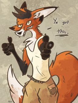 anthro belt big_tail bottomwear brown_markings cargo_shorts claws clothing fangs fox_tail gesture hand_gesture leg_markings male markings pawpads pointing pointing_at_viewer shirt shorts smile smiling_at_viewer socks_(marking) solo standing tail tank_top teeth text thumbs_up topwear yellow_eyes the_foxitect canid canine fox mammal red_fox true_fox absurd_res english_text hi_res