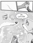 anthro bodily_fluids canid canine clothed clothing comic dialogue disney duo english_text female fox fur greyscale hand_holding hi_res judy_hopps lagomorph leporid male male/female mammal monochrome nick_wilde rabbit red_fox tears text the_gory_saint true_fox zootopia