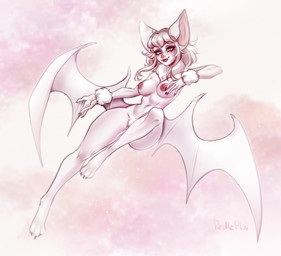 anthro bat_wings belly big_ears big_wings black_nails breasts cloud colored_nails fangs female fur hair looking_at_viewer medium_breasts medium_hair membrane_(anatomy) membranous_wings nails nipples nude nude_anthro nude_female paws pink_eyes pink_nipples pink_nose pubes sky skyscape smile smiling_at_viewer solo teeth white_body white_fur white_hair wings artist_resmepls bat mammal hi_res