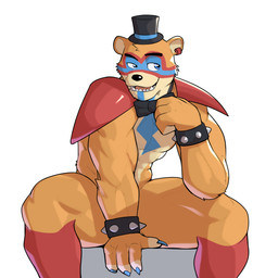 anthro black_bow_tie blue_body blue_eyes blue_fur bow_tie bracelet brown_body brown_fur claws clothing ear_piercing ear_ring eyebrows finger_claws fingers front_view fur hat headgear headwear humanoid_hands jewelry looking_aside male muscular muscular_anthro muscular_arms muscular_legs muscular_male open_mouth open_smile piercing raised_eyebrow red_body red_fur ring_piercing seductive shoulder_pads simple_background sitting smile solo spiked_bracelet spikes spread_legs spreading tan_body tan_fur top_hat white_background jrjresq five_nights_at_freddy's scottgames freddy_(fnaf) bear mammal 1:1 colored hi_res shaded