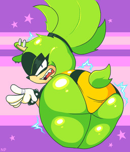 anthro bent_over big_butt bracelet butt butt_focus clothing digit_ring ear_piercing electricity electricity_manipulation elemental_manipulation eyelashes female finger_ring frown fur gesture glistening glistening_body glistening_butt glistening_fur gloves green_body green_fur green_hair hair hand_gesture handwear jewelry looking_at_viewer looking_back looking_back_at_viewer narrowed_eyes open_frown open_mouth panties piercing ponytail purple_background rear_view scut_tail sharp_teeth short_tail simple_background solo sparks tail teeth thick_thighs underwear wide_hips yellow_clothing yellow_panties yellow_underwear nocklepie idw_publishing sega sonic_the_hedgehog_(comics) sonic_the_hedgehog_(idw) sonic_the_hedgehog_(series) surge_the_tenrec afrosoricid mammal tenrec 2024 digital_drawing_(artwork) digital_media_(artwork) signature