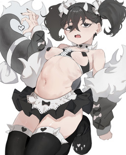 biped black_clothing black_hair breasts clothed clothing collar eyelashes female footwear hair legwear navel pasties pigtails pupils shoes simple_background solo tail thigh_highs esearu humanoid tailed_humanoid hi_res