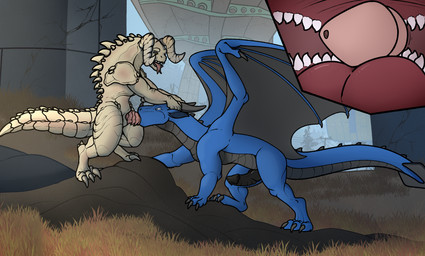 albino amber_eyes animal_genitalia animal_penis bedroom_eyes blue_body blue_eyes blue_scales bodily_fluids bridge deep_throat detailed_background duo erection fellatio feral feral_on_feral feral_penetrated feral_penetrating feral_penetrating_feral genital_slit genitals horn horn_grab internal internal_fellatio internal_oral interspecies larger_penetrated looking_pleasured male male/male male_penetrated male_penetrating male_penetrating_male narrowed_eyes nude oral oral_penetration outside penetration penile penile_penetration penis penis_in_mouth penis_on_tongue reverse_mouth_shot ridged_penis rock scales seductive sex size_difference standing standing_oral sucking tail tongue tongue_out white_body white_scales wings seferen european_mythology fallout microsoft mythology johnitan_lambert syrazor deathclaw dragon mythological_creature mythological_scalie reptile scalie western_dragon hi_res