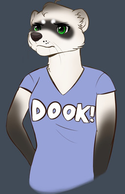 anthro black_body black_fur clothed clothing female fur green_eyes grey_background grumpy shirt simple_background solo topwear white_body white_fur shaza_(artist) teura_ethlorn_(character) domestic_ferret mammal mustelid musteline true_musteline weasel