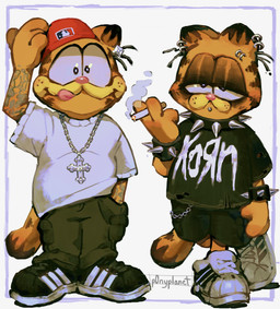 alternative_fashion anthro arm_tattoo backwards_hat black_bottomwear black_clothing black_eyeshadow black_footwear black_shirt black_shoes black_shorts black_sneakers black_t-shirt black_topwear bottomwear bracelet chain_necklace cigarette cigarette_smoke clothed clothed_anthro clothed_male clothing collar cross cross_necklace ear_piercing ear_ring eyebrow_piercing eyeshadow facial_piercing footwear fur green_bottomwear green_clothing green_pants hand_in_pocket hat headgear headwear holding_cigarette holding_object jewelry lip_piercing looking_at_viewer makeup male male_anthro metal necklace orange_body orange_fur pants piercing pockets red_clothing red_hat red_headwear ring_piercing shirt shoes short_sleeves shorts smoke smoking smoking_cigarette sneakers solo spiked_bracelet spiked_collar spikes t-shirt tail tattoo tongue tongue_out topwear white_clothing white_footwear white_shirt white_shoes white_sneakers white_t-shirt white_topwear p0nyplanet garfield_(series) korn limp_bizkit garfield_the_cat domestic_cat felid feline felis mammal digital_media_(artwork) digital_painting_(artwork) full-length_portrait hi_res painting_(artwork) portrait watermark