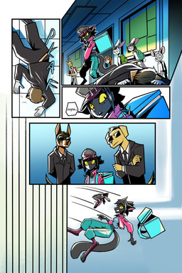 accessory anthro backpack black_body black_fur black_hair black_necktie black_suit_jacket clothed clothed_male clothing delivery_(commerce) delivery_employee eyewear female fur group hair jacket male male_anthro necktie pink_clothing pink_jacket pink_topwear short_hair sunglasses topwear yellow_eyes gatonejo background_character mono_(gatonejo) canid canine canis domestic_cat domestic_dog felid feline felis mammal 2025 absurd_res comic digital_drawing_(artwork) digital_media_(artwork) hi_res multiple_scenes