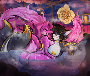 anthro anus areola big_breasts big_butt bodily_fluids breasts butt cherry_blossom duo fangs female female/female fin fire flower fur furgonomics furry-specific_piercing genitals gold_(metal) gold_jewelry jewelry lamp lantern musk musk_cloud nipples piercing pink_body pink_fur plant pool prunus_(flower) rattle rattle_(anatomy) ring_piercing sauna size_difference snake_hood snake_hood_piercing steam sweat tail teeth thick_thighs tongue tongue_out tree vulva water wood yellow_body yellow_fur aurea_(aureasharky) kenya_snake fish marine pit_viper rattlesnake reptile scalie shark snake viper absurd_res hi_res huge_filesize