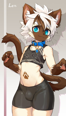 adolescent anthro blue_collar blue_eyes bottomwear brown_body brown_highlights bulge clothed clothing collar crop_top crotch_lines femboy gloves_(marking) hair highlights_(coloring) jewelry kemono looking_at_viewer male male_anthro markings midriff navel navel_marking pendant pose raised_hand shirt shorts skimpy slim_anthro slim_male solo tail tight_bottomwear tight_clothing tight_shorts topwear whiskers white_body white_hair young young_anthro young_male kemorate capcom monster_hunter domestic_cat felid feline felis felyne lynian mammal palico siamese_cat 2025