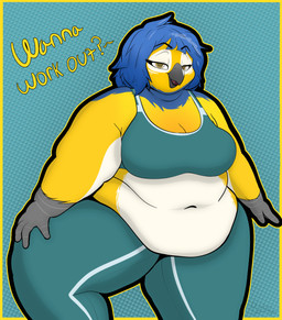 anthro bedroom_eyes belly belly_overhang exercise female narrowed_eyes obese obese_female overweight overweight_female seductive solo workout puhba anonymous_character avian bird parrot absurd_res hi_res