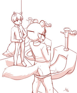 andromorph anthro bathroom bodily_fluids butt clothed clothing duo eyewear genital_fluids glasses intersex male open_mouth panties partially_clothed peeing underwear urinal urinal_peeking urine young young_anthro aogami naki_(havokinthesnow) zayne_camacho canid canine chipmunk fox ground_squirrel mammal rodent sciurid 2018 hi_res