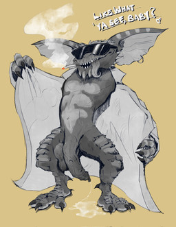 anthro balls big_penis bodily_fluids cigarette claws clothing coat ear_piercing eyewear flaccid flashing foreskin genital_fluids genitals humanoid_genitalia humanoid_penis long_foreskin long_penis male penis piercing precum precum_puddle precum_string solo sunglasses text tongue tongue_out topwear trenchcoat trenchcoat_only unretracted_foreskin vein pinkgirlpen gremlins gremlin humanoid english_text hi_res