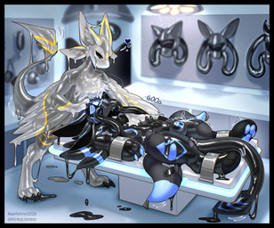3_toes anthro bdsm biped black_body black_border black_claws blue_body blue_claws blue_pawpads bondage border bound bulge claws detailed_background dipstick_tail drone dronification duo feathered_wings feathers feet gas_mask grey_body heart_symbol hypnosis inner_ear_fluff latex liquid_latex lock lock_bulge long_tail lying male markings mask mind_control multi_ear multi_tail multicolored_body on_back pawpads paws plushie restrained restraints ringed_eyes smile standing striped_body striped_markings striped_tail stripes tail tail_markings text toes transformation tuft two_tone_body two_tone_tail visor winged_arms wings yellow_body maefeline avii_cinderfeather animate_inanimate avali canid canine fox living_plushie mammal 2026 digital_media_(artwork) hi_res signature nonbinary_(lore)