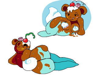 anthro areola big_butt blue_body breasts brown_body butt candy cherry chocolate dairy_products dessert female food fruit hand_on_butt hand_on_own_butt lying narrowed_eyes on_side open_mouth plant simple_background smile solo sprinkles tail teeth tongue whipped_cream white_background theonetruesinner fakemon bear cheriontop food_creature mammal