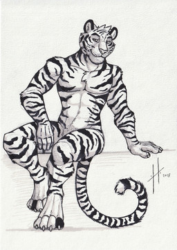anthro athletic athletic_anthro athletic_male closed_smile front_view glistening glistening_eyes head_tuft looking_at_viewer male male_anthro markings mouth_closed narrowed_eyes nude pubes simple_background sitting smile solo striped_arms striped_legs striped_markings striped_tail stripes tail tail_markings tuft hufnaar felid mammal pantherine tiger 2018 absurd_res dated hi_res monochrome