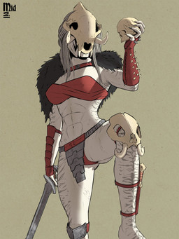 abs bone bone_mask breasts butt butt_from_the_front clothing colored_nails female front_view grey_hair grey_nails grey_stripes hair holding_melee_weapon holding_object holding_skull holding_sword holding_weapon mandibles mask melee_weapon nails navel panties red_clothing red_panties red_topwear red_underwear simpe_background skull skull_mask solo stripes sword thick_thighs topwear underwear weapon white_body wide_hips midevil predator_(franchise) alien alien_humanoid humanoid yautja 3:4 hi_res