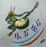 antennae_(anatomy) anthro arthropod_abdomen decal exoskeleton female green_body green_exoskeleton hand_on_leg multi_arm multi_limb nose_art raised_leg solo suggestive_pose yellow_eyes ramul arthropod hi_res