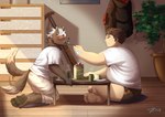 anthro blush brown_body brown_fur cake clothing dessert duo eating eating_food eyes_closed food fur furniture hair inside kneeling male male/male overweight overweight_anthro overweight_male scar shirt t-shirt table tail tail_motion topwear white_hair chuurow lifewonders tokyo_afterschool_summoners chubby_protagonist_(tas) protagonist_(tas) tadatomo_(tas) canid canine canis domestic_dog human mammal absurd_res hi_res