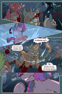 armor blood blue_body blue_eyes blue_fur bodily_fluids braided cutie_mark dialogue female feral fur furgonomics green_body green_fur group hair headgear helmet hood hooves horn magic male navel onomatopoeia purple_body purple_eyes purple_fur purple_hair quadruped sound_effects sweat sweatdrop talking_feral teeth text unicorn_horn wings cold-blooded-twilight friendship_is_magic hasbro my_little_pony mythology twilight_sparkle_(mlp) equid equine mammal mythological_creature mythological_equine pegasus unicorn 2025 2:3 comic english_text hi_res