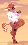 anthro biped breast_outline breasts brown_body brown_fur clothing cloud female fur hooves outside raised_leg shirt solo tail tail_tuft topwear tuft boypretties bovid bovine cattle highland_cattle mammal absurd_res hi_res