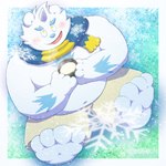 anthro belly big_belly blue_nose blush bottomwear clothing feet kemono male overweight overweight_male scarf shorts sitting solo white_body buruhoshibonbon anothereidos_of_dragon_vein_r patty_(anothereidos_r) yeti 1:1 2023 hi_res