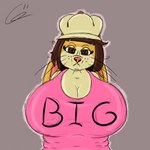 anthro big_breasts breasts clothing female hair hat head_tilt headgear headwear long_ears shirt short_hair solo tank_top text text_on_clothing topwear whiskers golde voidbeerfloat elena_(golde) lagomorph leporid mammal rabbit 1:1 hi_res