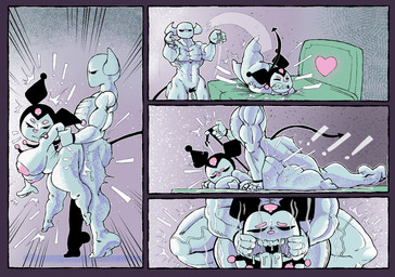 anthro big_breasts breasts duo female male male/female nipples open_mouth penetration pink_nipples rough_sex sex spade_tail tail tongue tongue_out white_body north_star_500 onegai_my_melody sanrio kuromi demon lagomorph leporid mammal rabbit comic hi_res