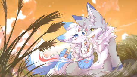 anthro big_eyes biped blue_body blue_eyes blue_fur cute_fangs duo fangs fur grey_body grey_fur kemono male markings red_markings slim_anthro slim_male teeth white_body white_fur yellow_eyes hlg7777 canid canine fox mammal 16:9 2020 4k absurd_res hi_res widescreen