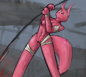anthro bandage bandaged_arm bandaged_leg blood bodily_fluids breasts eye_scar facial_scar female fur genitals holding_object holding_weapon looking_at_viewer melee_weapon muscular neutral_expression nipples nude polearm red_body scar simple_background solo spear standing tail vulva weapon alexleviafan rain_world videocult hunter_(rain_world) slugcat digital_media_(artwork)