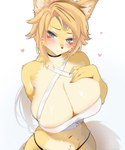 anthro big_breasts blonde_hair blush breasts cleavage clothed clothing ears_up female fur green_eyes hair heart_symbol inner_ear_fluff long_hair midriff multicolored_body multicolored_fur ponytail shirt solo tank_top thong topwear tuft underwear white_body white_fur wide_hips yellow_body yellow_fur askoevi mihoyo zenless_zone_zero pulchra_(zenless_zone_zero) domestic_cat felid feline felis mammal absurd_res hi_res