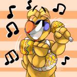 abstract_background beak bib feathers happy head_tuft machine maraca musical_instrument musical_note musical_symbol percussion_instrument simple_background solo symbol tuft yellow_body yellow_feathers artisticburr_(artist) five_nights_at_freddy's freddy_fazbear's_pizzeria_simulator scottgames rockstar_chica_(fnaf) animatronic avian bird chicken galliform gallus_(genus) phasianid robot 1:1