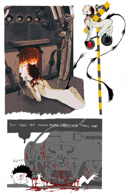 ambiguous_gender ambiguous_humanoid black_tail blood bodily_fluids butt chain crush death detailed_background fire fur furnace gore machine masochism mechanophilia solo split_color tail text train vehicle white_body white_fur jejejunum ember_(jejejunum) humanoid spirit 2025 digital_drawing_(artwork) digital_media_(artwork) english_text hi_res multiple_images