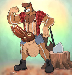 animal_genitalia animal_penis anthro axe balls big_balls big_penis bodily_fluids body_hair boots bottomwear canine_genitalia canine_penis chest_tuft clothing footwear genital_fluids genitals hairy huge_balls huge_penis hyper hyper_balls hyper_genitalia hyper_penis lumberjack male melee_weapon muscular muscular_anthro muscular_male pattern_clothing pattern_shirt pattern_topwear penis plaid plaid_clothing plaid_shirt plaid_topwear pompadour pose precum shirt shoes shorts solo stripes thick_penis topwear tree_stump tuft weapon theneonfox charcoal_(wrulfy) canid canine canis mammal wolf absurd_res hi_res