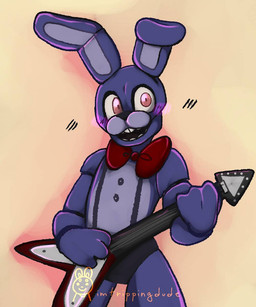 anthro black_nose blush bottomwear bow_tie buckteeth clothing electric_guitar fingers guitar long_tail machine male musical_instrument open_mouth open_smile pink_eyes plucked_string_instrument purple_body smile string_instrument tail teeth imtrippingdude five_nights_at_freddy's scottgames bonnie_(fnaf) animatronic lagomorph leporid mammal rabbit robot 2020 5:6 hi_res signature