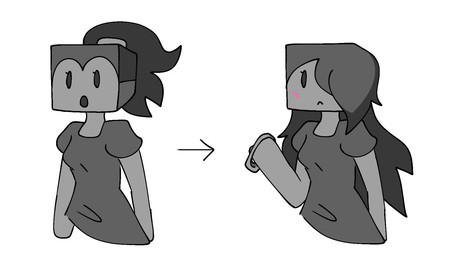 blush breasts clothed clothing female grey_body grey_hair hair long_hair machine open_mouth ponytail simple_background simple_coloring simple_eyes solo square_(anatomy) square_head slimerslimy microsoft minecraft mojang xbox_game_studios disepenser_(minecraft) humanoid robot robot_humanoid 2025 hi_res widescreen