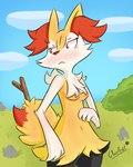 anthro blush blush_lines breasts chest_tuft female fluffy fluffy_tail fur hair inner_ear_fluff markings outside paws pseudo_clothing red_eyes solo stick stick_in_tail tail tail_markings tuft yellow_body yellow_fur glacefrostbite nintendo pokemon braixen canid canine fox generation_6_pokemon mammal pokemon_(species) 4:5 hi_res