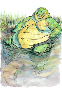 anthro belly big_belly claws dewlap_(anatomy) double_chin eyes_closed grass green_body green_scales looking_at_viewer male moobs nipples non-mammal_nipples nude obese obese_anthro obese_male open_mouth open_smile outside overweight overweight_anthro overweight_male partially_submerged plant reclining relaxing scales sitting smile solo tan_body tan_scales text toe_claws water chubby-shark crocodile crocodilian reptile scalie artist_name