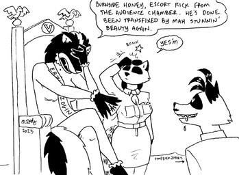anthro bodily_fluids breasts chair clothing dialogue drooling facial_markings fur furniture hair head_markings markings mask_(marking) saliva text throne uniform tegerio zandar's_saga belladonna_(tegerio) catherine_o'daisies rick2tails mammal mephitid procyonid raccoon skunk 2023 black_and_white english_text monochrome