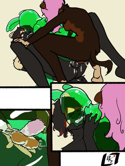 anthro backsack balls bodily_fluids breasts clenched_teeth comic_panel countershading crouching cum cum_inside cum_mixing cum_on_balls cum_on_own_penis cum_on_penis cum_on_self cum_overflow curly_hair double_penetration erection facial_markings female frottage frottage_in_another's_body genital_fluids genitals green_goo group group_sex gynomorph hair head_markings herm highlights_(coloring) holding_leg intersex intersex/female intersex/intersex long_hair lying markings nude_anthro on_back orgasm penetration penile penile_penetration penis penises_touching pink_hair pointy_ears prick_ears rabbit_ears sandwich_position sex side_boob simultaneous_orgasms tail tapering_penis teeth translucent translucent_body trio zerokyu3 motley's_crew cy_(motley's_crew) rozy_(motley's_crew) goo_creature gulonine hybrid lagomorph leporid mammal mustelid musteline polecat_(mustelid) rabbit wolverine 3:4 absurd_res comic hi_res signature