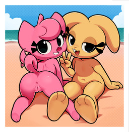 anthro anus biped butt chibi detailed_background duo eyelashes feet female foot_focus genitals loli looking_at_viewer looking_back nude open_mouth outside pink_body pupils smile thick_thighs vulva young young_anthro gaturo bonita_(gaturo) mina_(gaturo) domestic_pig lagomorph leporid mammal rabbit suid suine sus_(pig) hi_res adult_(lore)