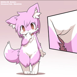 anthro blush bodily_fluids close-up female flat_chested fur genital_fluids genitals jewelry necklace nipples nude pink_body pink_fur simple_background solo text vaginal_fluids vulva young young_anthro young_female konzaburou canid canine fox mammal