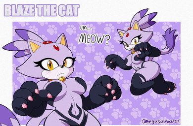 anthro bell bell_collar big_breasts black_body black_fur black_nose blush blush_lines breasts claws collar cosplay crossover_cosplay dialogue dipstick_tail eyelashes female forehead_gem fur gem looking_at_viewer markings mouth_closed naturally_censored navel open_mouth pattern_background pink_claws purple_background purple_body purple_fur simple_background solo tail tail_markings text thick_thighs white_background white_body white_fur wide_hips yellow_eyes omegasunburst capcom darkstalkers sega sonic_the_hedgehog_(series) blaze_the_cat felicia_(darkstalkers) domestic_cat felid feline felis mammal 2023 crossover hi_res