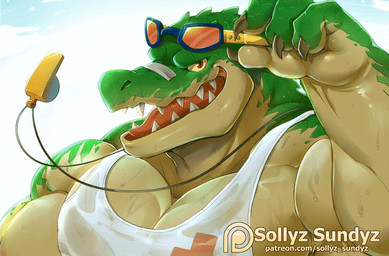 anthro bodily_fluids eyewear looking_at_viewer male muscular muscular_anthro muscular_male open_mouth patreon_logo red_eyes solo sunglasses sweat teeth text whistle_(object) whistle_around_neck yellow_sclera sollyz league_of_legends patreon riot_games tencent renekton crocodile crocodilian reptile scalie 2017 2d_animation animated motion_tweening url
